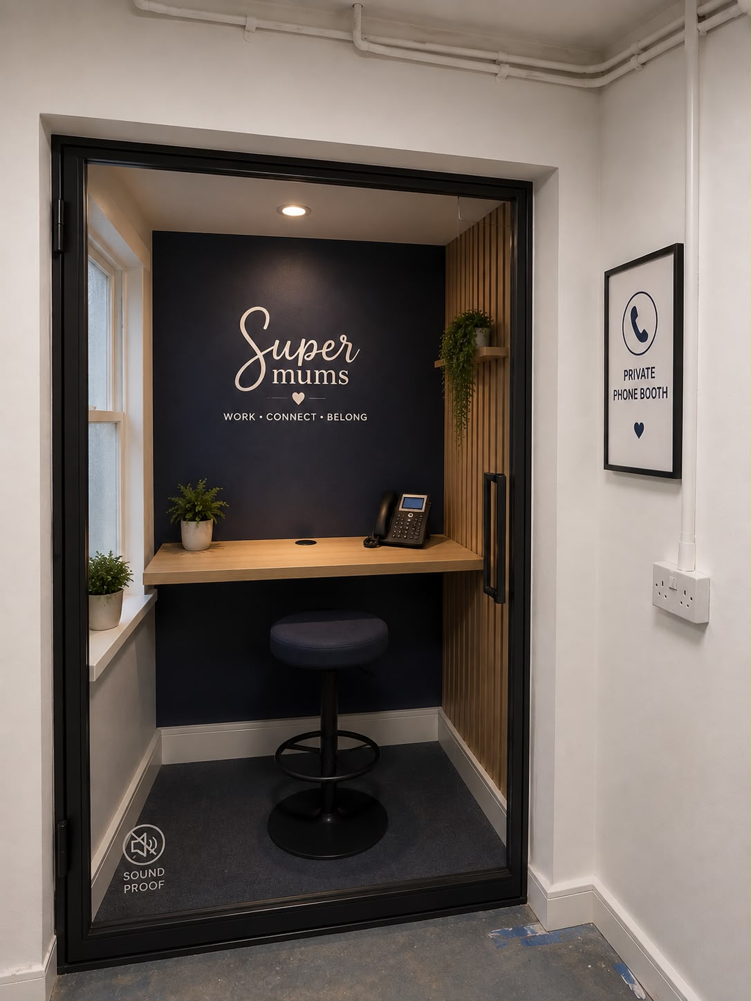 AI-generated mock-up of the proposed private phone booth at the Supermums Business Hub