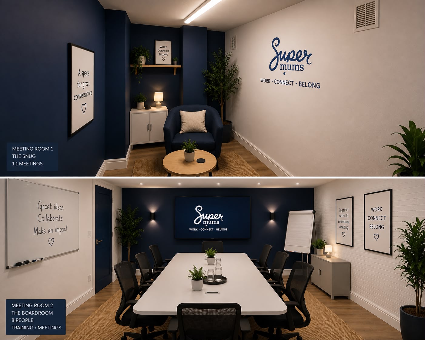 AI-generated mock-up of The Snug (up to 3 seats) and The Boardroom (up to 8 seats) at the Supermums Business Hub